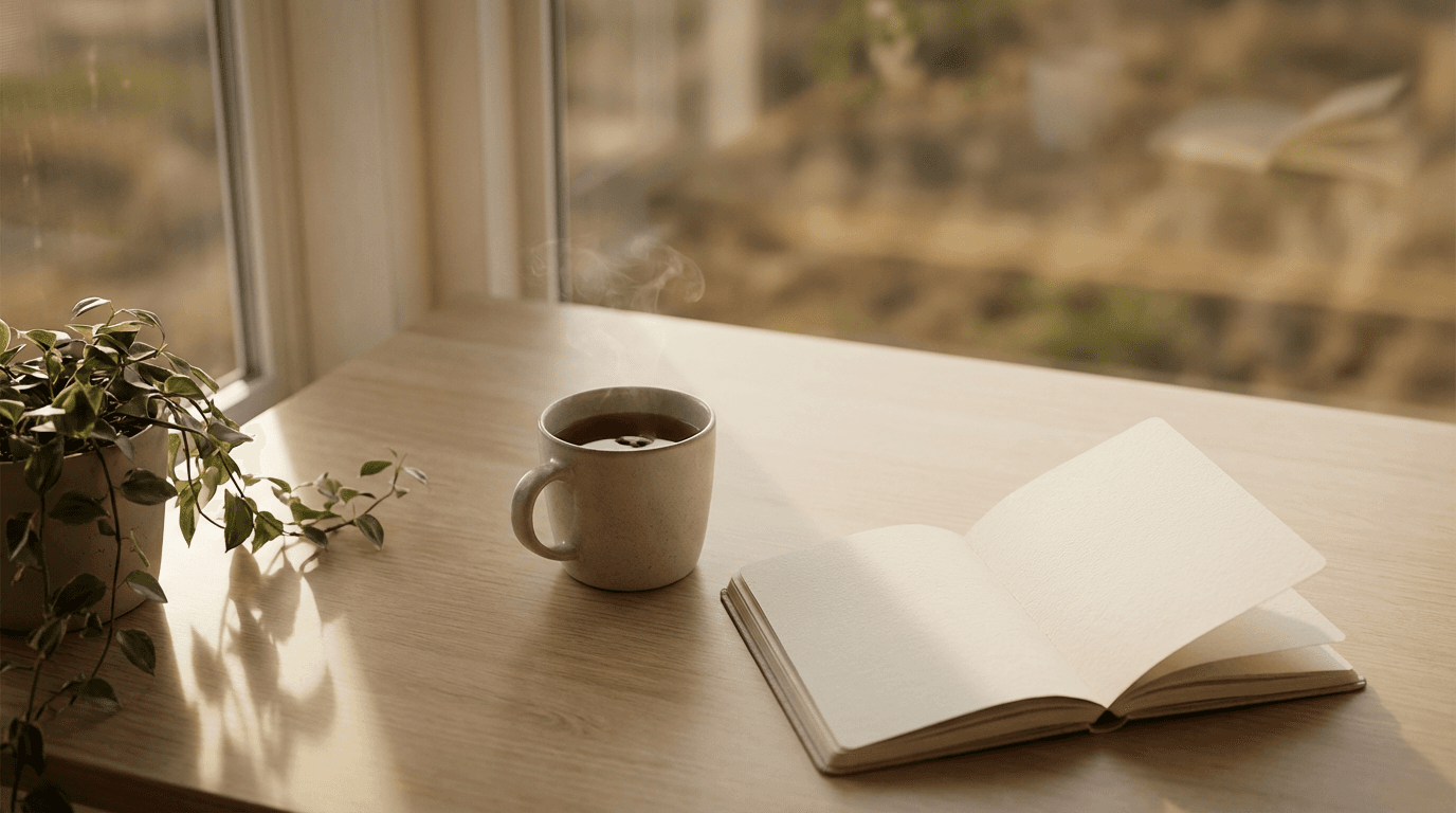Quiet sunlit office corner with notebook and tea