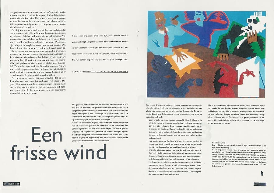 Magazine spread titled "Een frisse wind" with Dutch text and a colorful abstract meeting illustration.