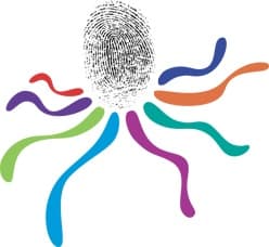 Stylized octopus with a black fingerprint head and eight vibrant, multicolored wavy tentacles.