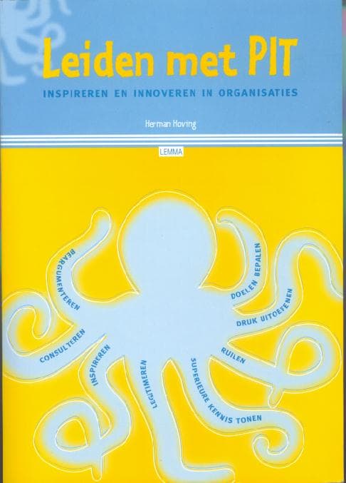 Boekomslag van 'Leiden met PIT' door Herman Hoving, met een afbeelding van een blauwe octopus.